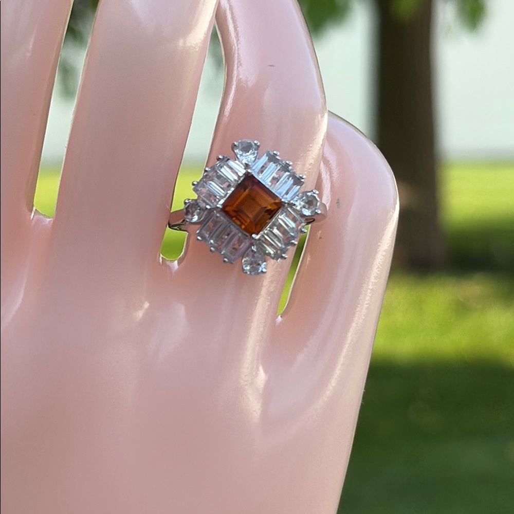 Asscher Cut Amber & White Topaz Sterling Ring Halo Style Cocktail Size 6
